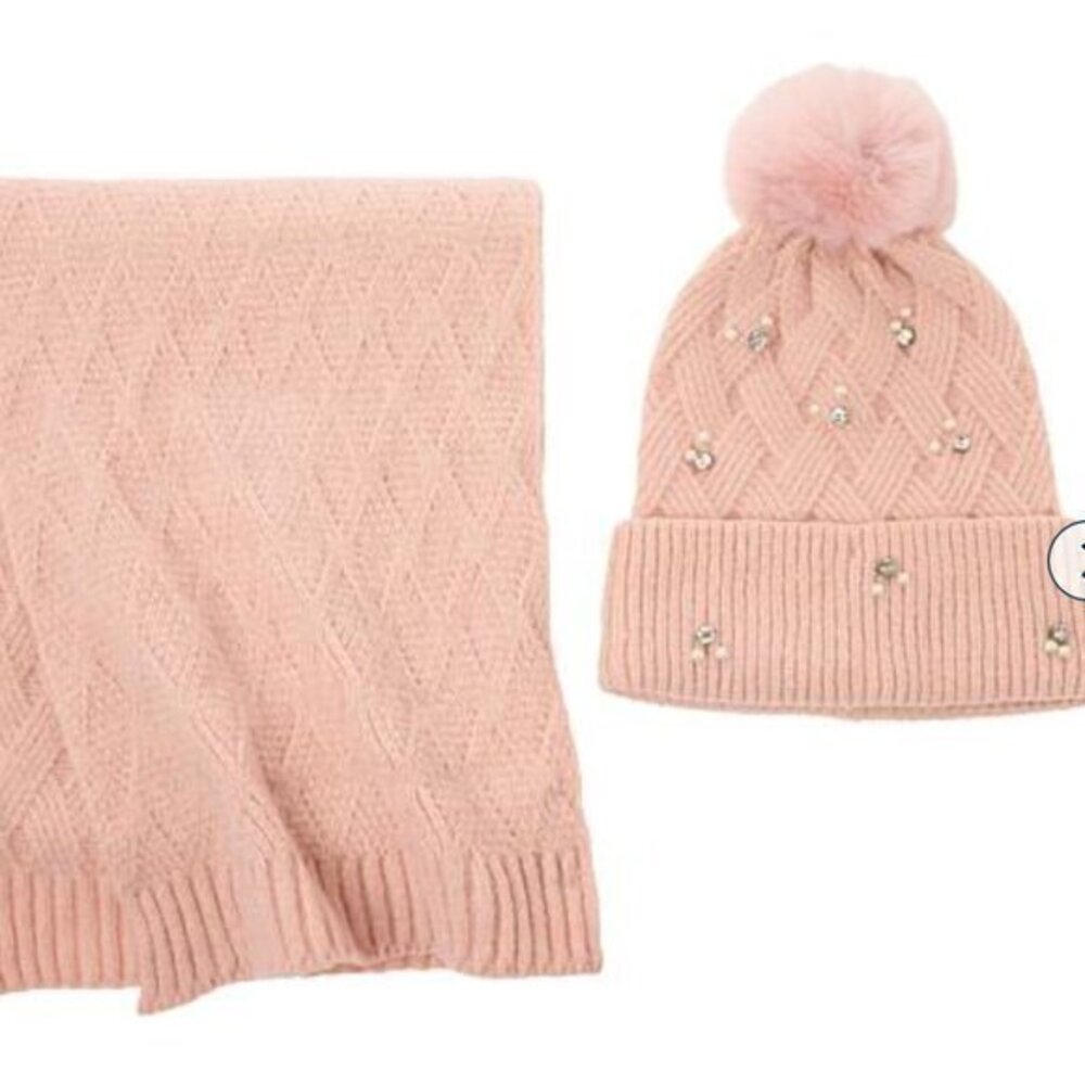 C Wonder by Christian Siriano Pom-Pom Beanie & Scarf Gift Set BLUSH nwt